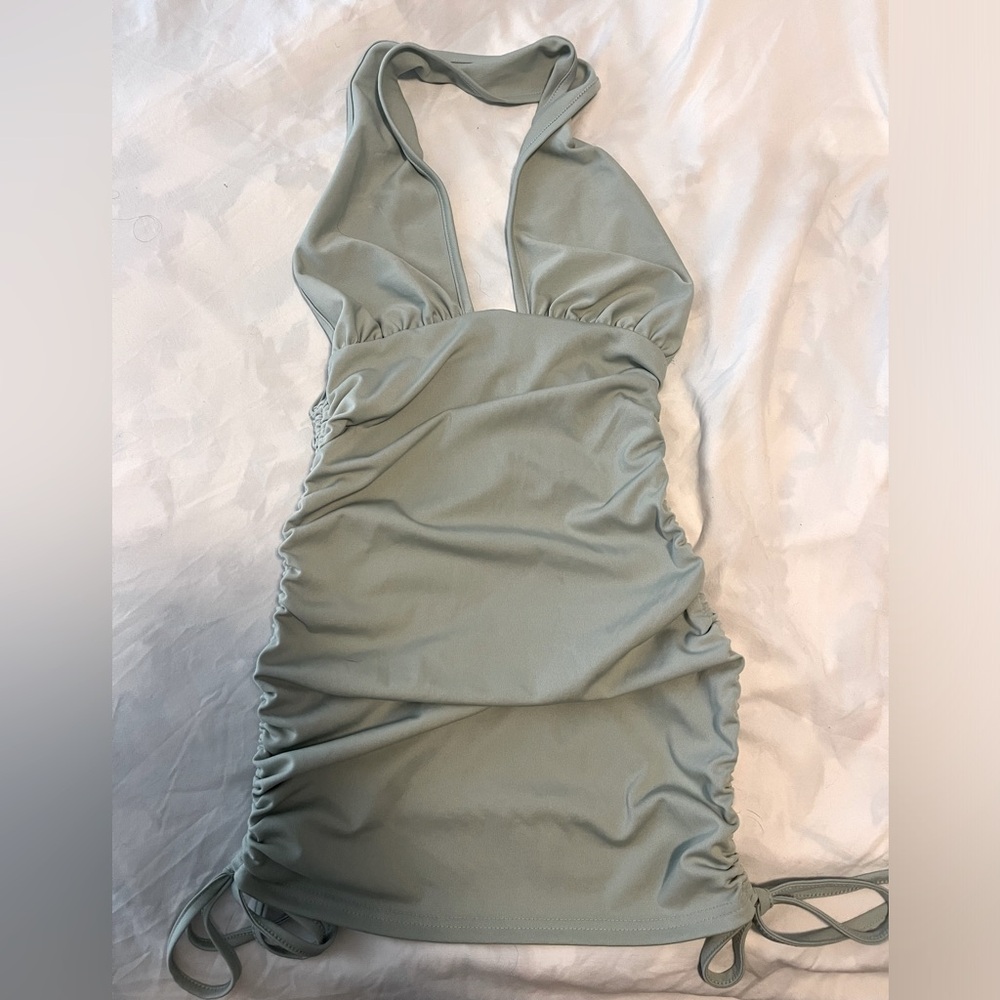 Shein Mint Green Halter Ruched Tie Side Bodycon Dress